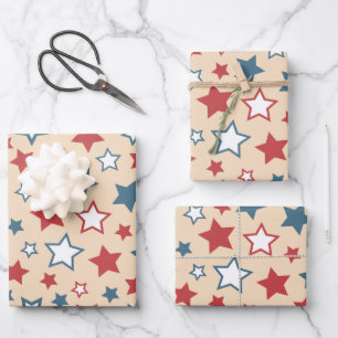 Red and Blue Stars, 4th of July, Beige Background Wrapping Paper Sheet