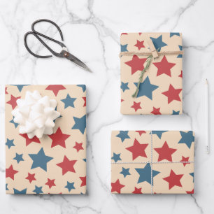Red and Blue Stars, 4th of July, Beige Background Wrapping Paper Sheet