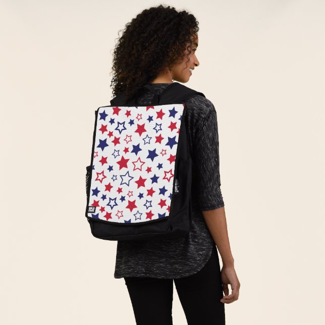 Red and Blue Stars, 4th of July, White Background Backpack (Worn)