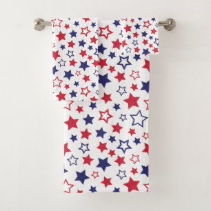 Red and Blue Stars, 4th of July, White Background Bath Towel Set