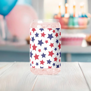 Red and Blue Stars, 4th of July, White Background Can Glass