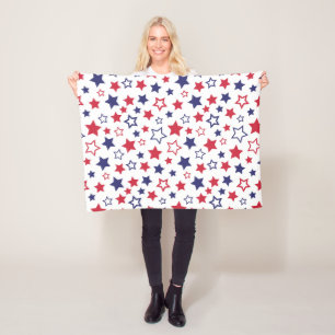 Red and Blue Stars, 4th of July, White Background Fleece Blanket