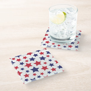 Red and Blue Stars, 4th of July, White Background Glass Coaster