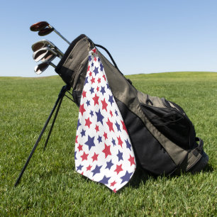Red and Blue Stars, 4th of July, White Background Golf Towel