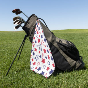 Red and Blue Stars, 4th of July, White Background Golf Towel