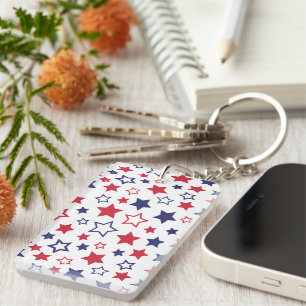 Red and Blue Stars, 4th of July, White Background Key Ring