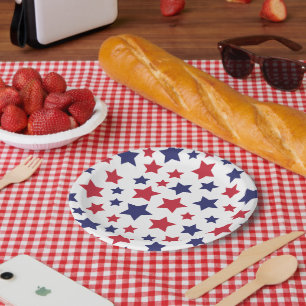 Red and Blue Stars, 4th of July, White Background Paper Plate