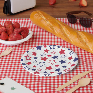 Red and Blue Stars, 4th of July, White Background Paper Plate