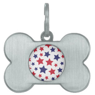 Red and Blue Stars, 4th of July, White Background Pet ID Tag