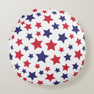 Red and Blue Stars, 4th of July, White Background Round Cushion