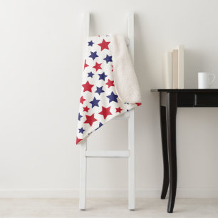 Red and Blue Stars, 4th of July, White Background Sherpa Blanket
