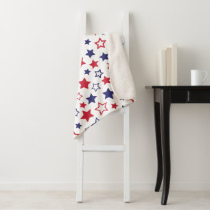 Red and Blue Stars, 4th of July, White Background Sherpa Blanket