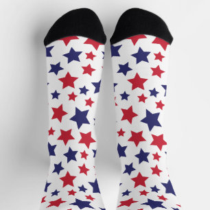 Red and Blue Stars, 4th of July, White Background Socks