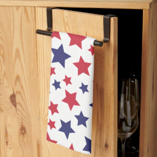 Red and Blue Stars, 4th of July, White Background Tea Towel