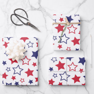 Red and Blue Stars, 4th of July, White Background Wrapping Paper Sheet