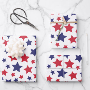 Red and Blue Stars, 4th of July, White Background Wrapping Paper Sheet
