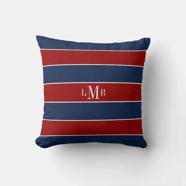 Red and Blue Stripes and Monogram Cushion (Front)