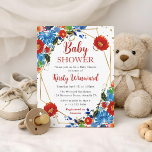Red and Blue Summer Flowers Frame Baby Shower Invitation
