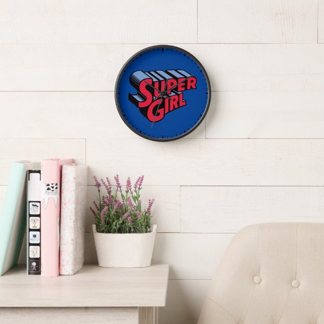 Red and Blue Supergirl Stacked Name Logo Clock (Reading Room)