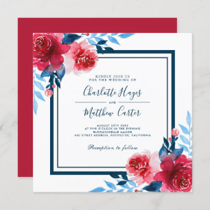 Red and Blue Watercolor Florals Wedding Invitation