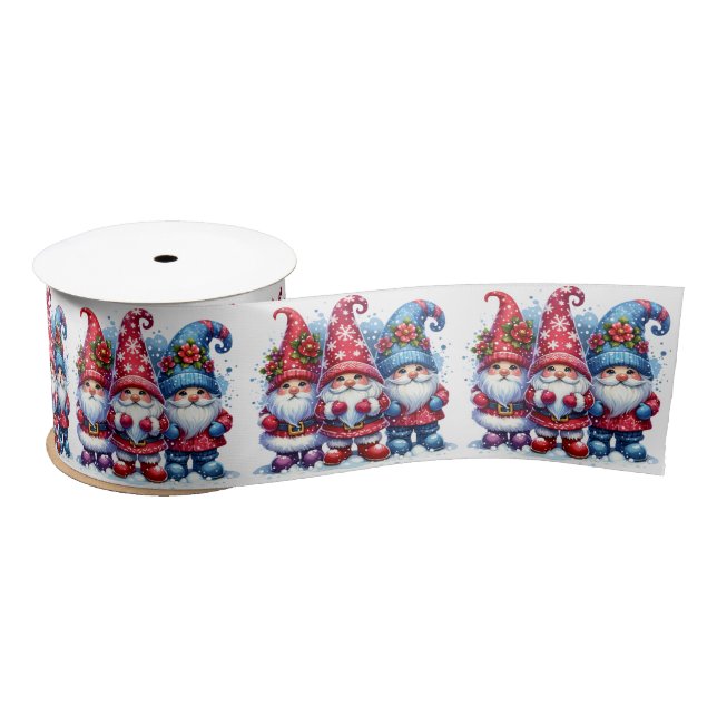 Red and Blue Watercolor Holiday Gnomes Christmas Satin Ribbon (Spool)