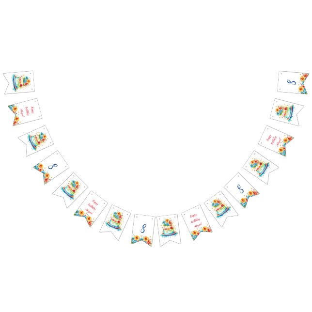 Red and Blue Whimsical Birthday Cake Age and Name Bunting (All)