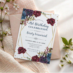 Red and Blue Winter Flowers Frame Birthday Invitation