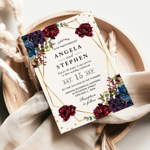 Red and Blue Winter Flowers Gold Frame Wedding Invitation