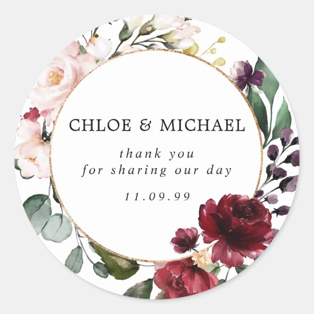 Red and Blush Pink Floral Wedding Thank You Classic Round Sticker (Front)