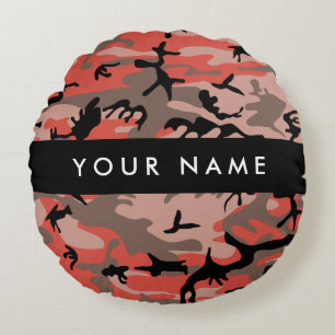 Red and Brown Camouflage Your name Personalise Round Cushion