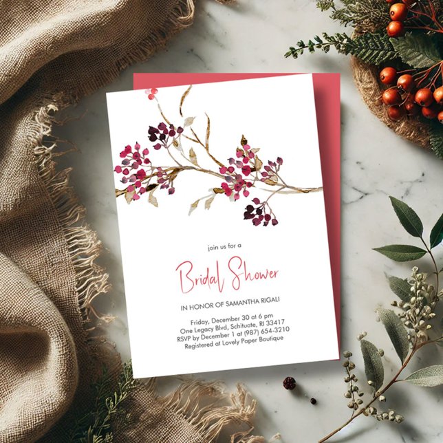 Red and Brown Fall Bridal Shower Invitations (Rustic bridal shower invitations watercolor twigs and berries)