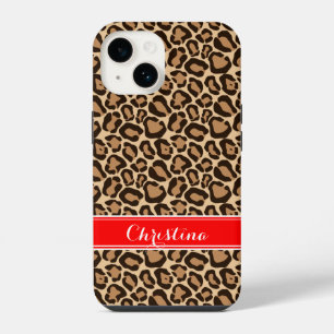Red and Brown Leopard Print Monogram iPhone 14 Case