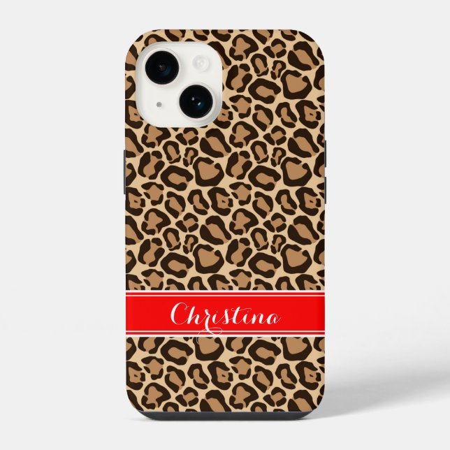Red and Brown Leopard Print Monogram iPhone Case (Back)