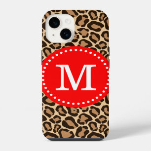 Red and Brown Leopard Print Monogram iPhone 14 Case
