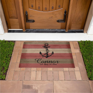 Red and Brown Wood Nautical Stripes Doormat