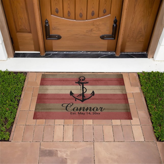 Red and Brown Wood Nautical Stripes Doormat (Outdoor)