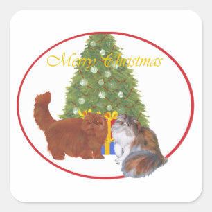 Red and Calico Persian Cats Christmas Square Sticker