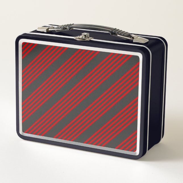 Red and charcoal five stripe pattern metal lunch box (Front)