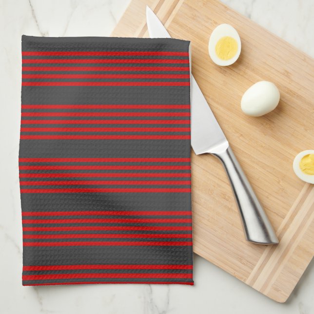 Red and charcoal five stripe pattern tea towel (Quarter Fold)