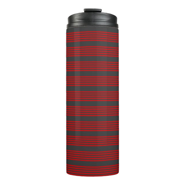 Red and charcoal five stripe pattern thermal tumbler (Front)