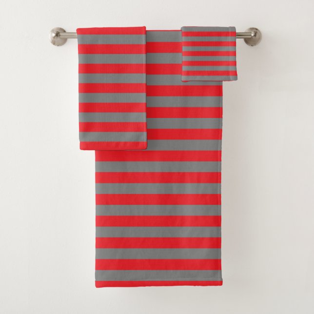 Red and Charcoal Grey Stripes Bath Towel Set (Insitu)