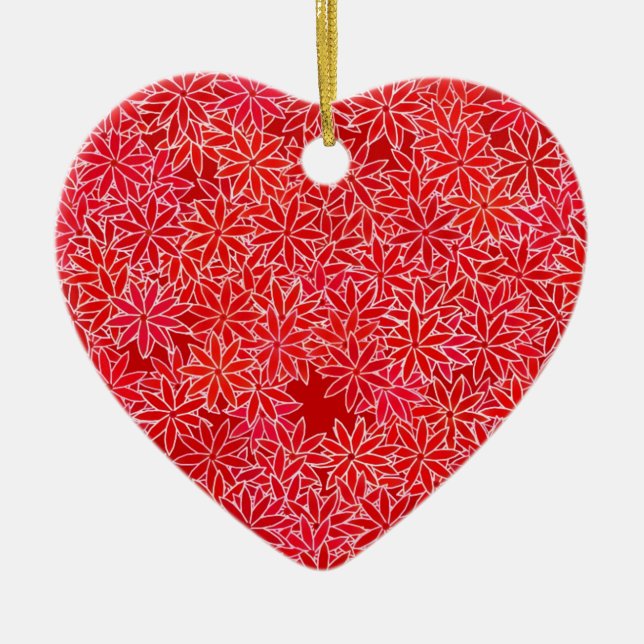 Red and coral flowers, dark red background ceramic tree decoration (Front)
