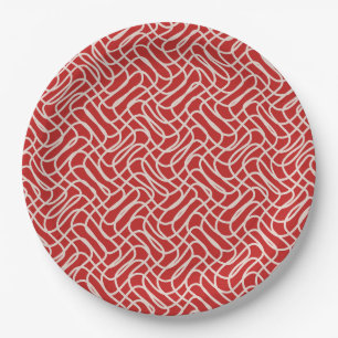 Red And Cream Abstract Line Pattern Paper Plate