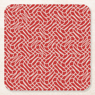 Red And Cream Abstract Line Pattern Square Paper Coaster