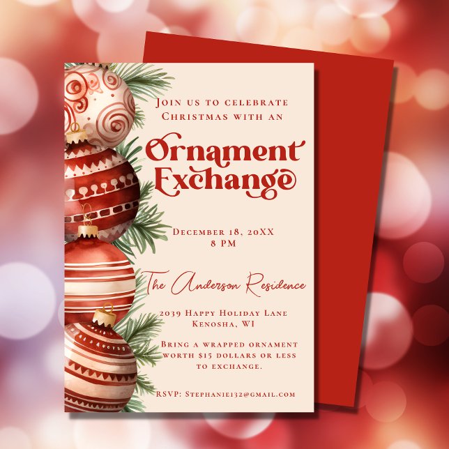 Red and Cream Christmas Ornament Exchange  Invitation (Creator Uploaded)