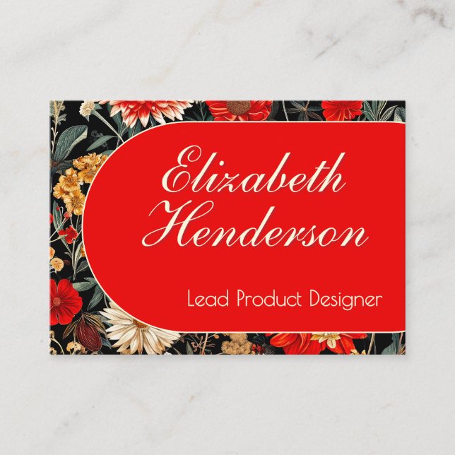 Red and Cream Dark Floral Mighty Calling Card (Front)