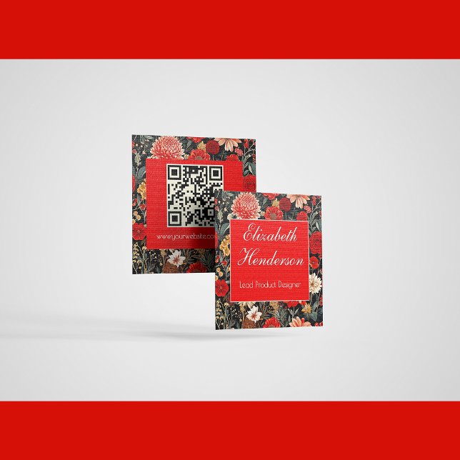 Red and Cream Dark Floral Square Calling Card (Creator Uploaded)
