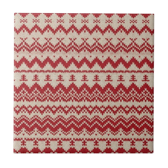 Red and Cream Nordic Knit Reindeer Tile (Front)