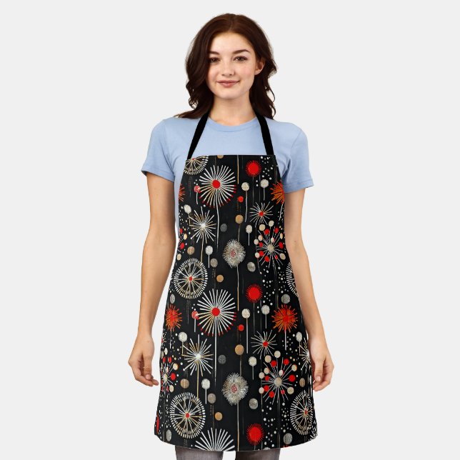 Red and Cream on Black Festive Retro Apron (Worn)