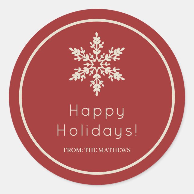 Red and Cream Snowflake Happy Holidays Christmas Classic Round Sticker (Front)